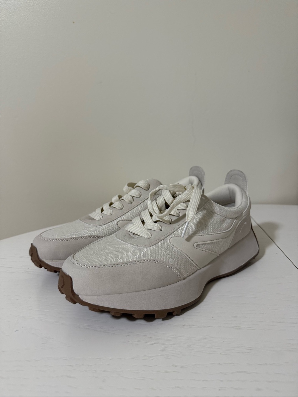 Dolce Vita Cream Retro Runner Sneakers - Neutral Linen with Brown Sole